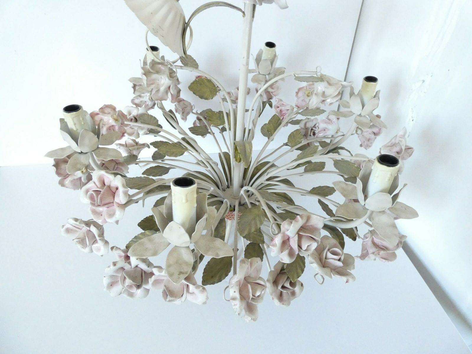 French Vintage Porcelain Rose Chandelier 6 Arms Large photo vinterior