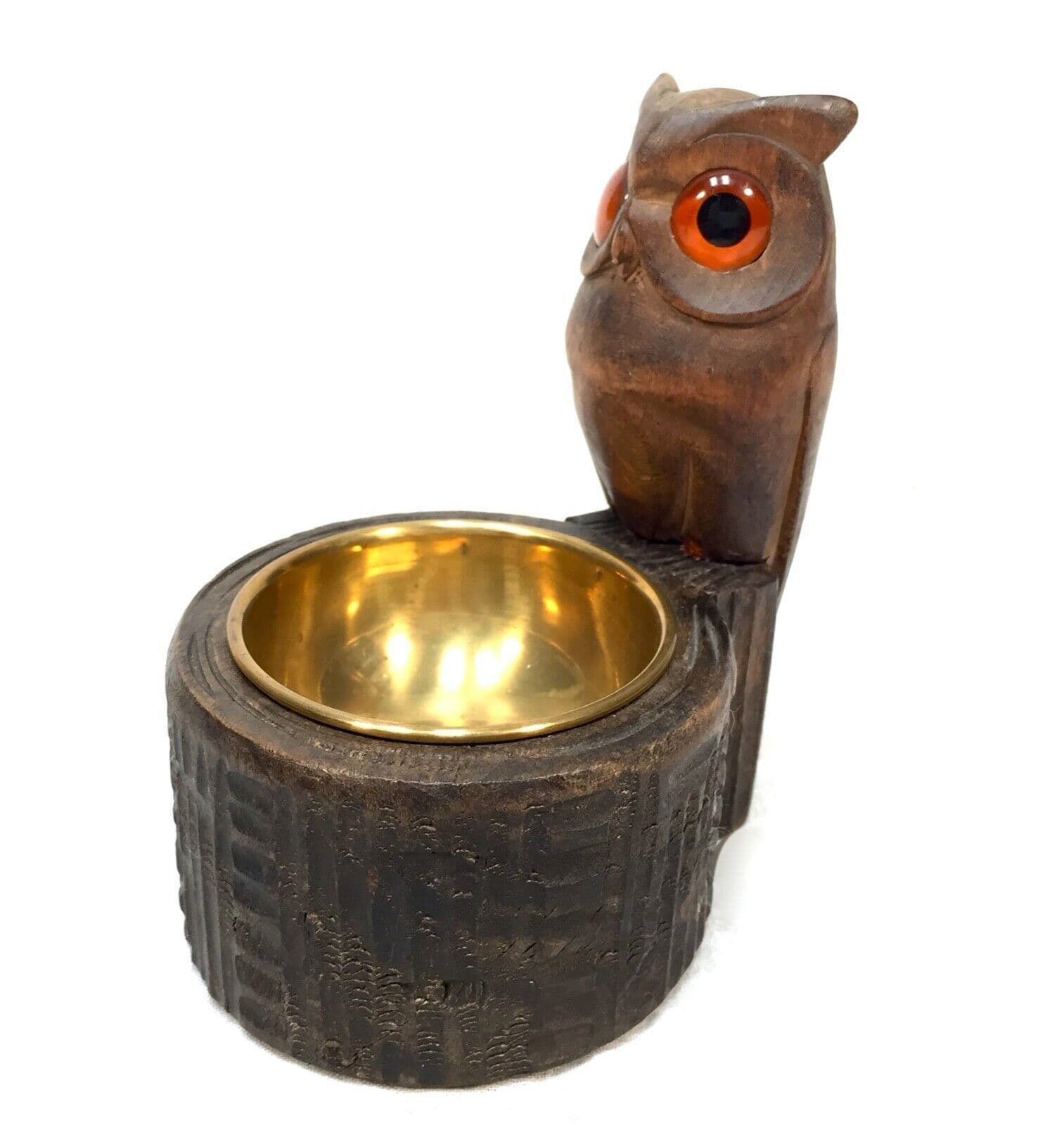 Antique Wooden Carved Owl & Brass Bowl Pin / Trinket Dish / Black Forest Style photo furniture