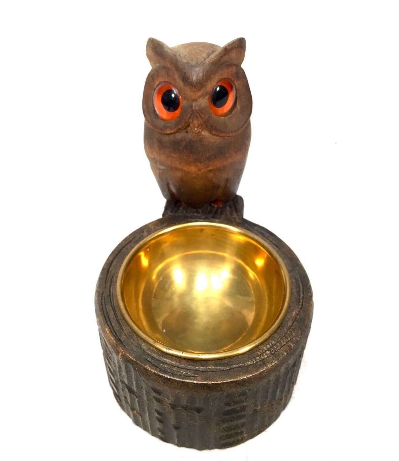 Antique Wooden Carved Owl & Brass Bowl Pin / Trinket Dish / Black Forest Style photo for sale
