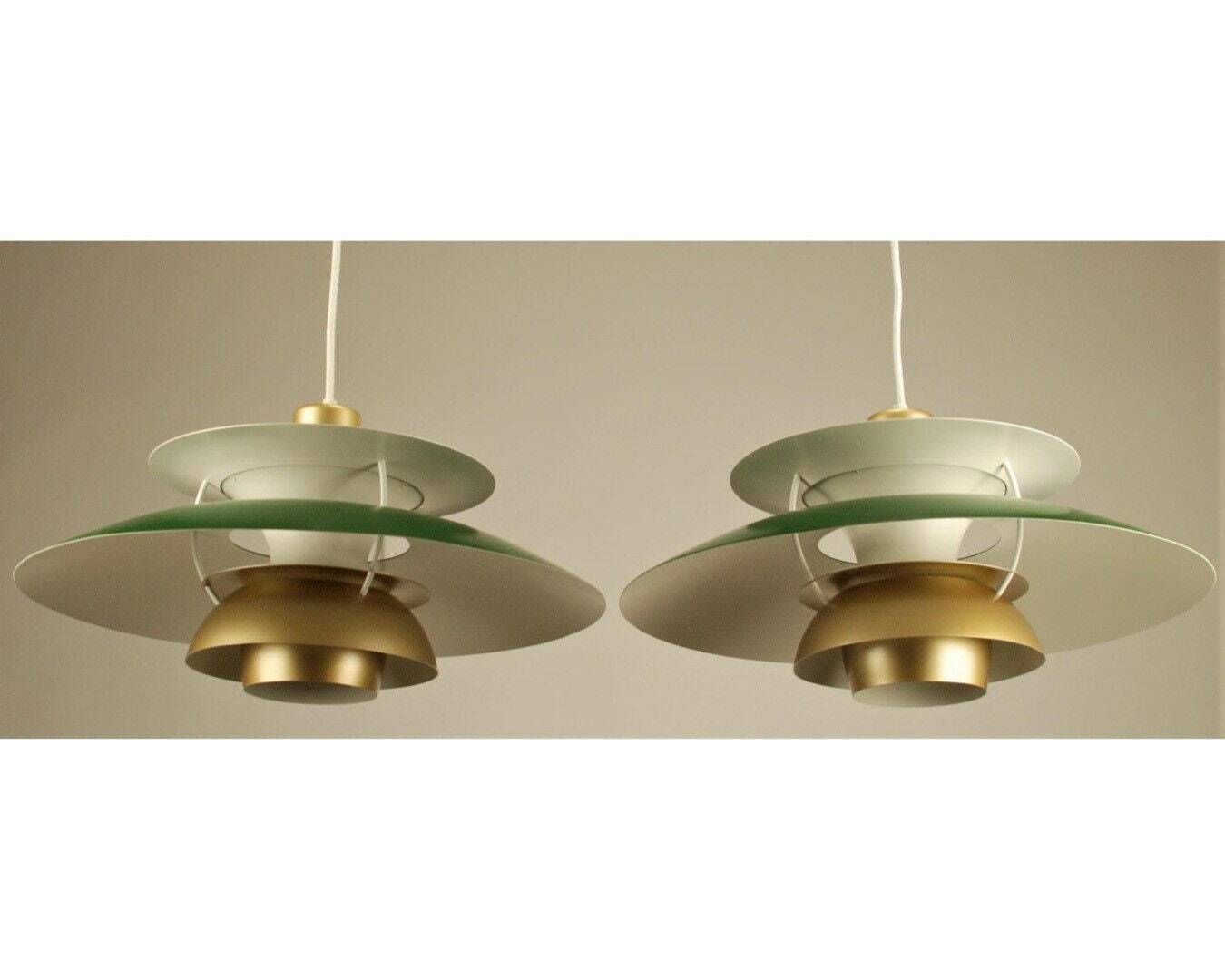 Set Of 2 Vintage Louis Poulsen Pendant Lights | Gold/Green/White | Original Vintage With Brand Label photo 1900.0