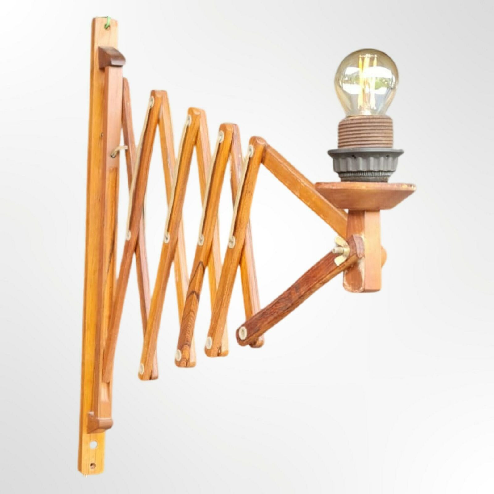 Large Midcentury Teak Wood Scissor Lamp | Made In Denmark | Solid Teak Wood Vintage Wall Lamp | Scandinavian Mid Century Modern Lighting 50s photo for sale