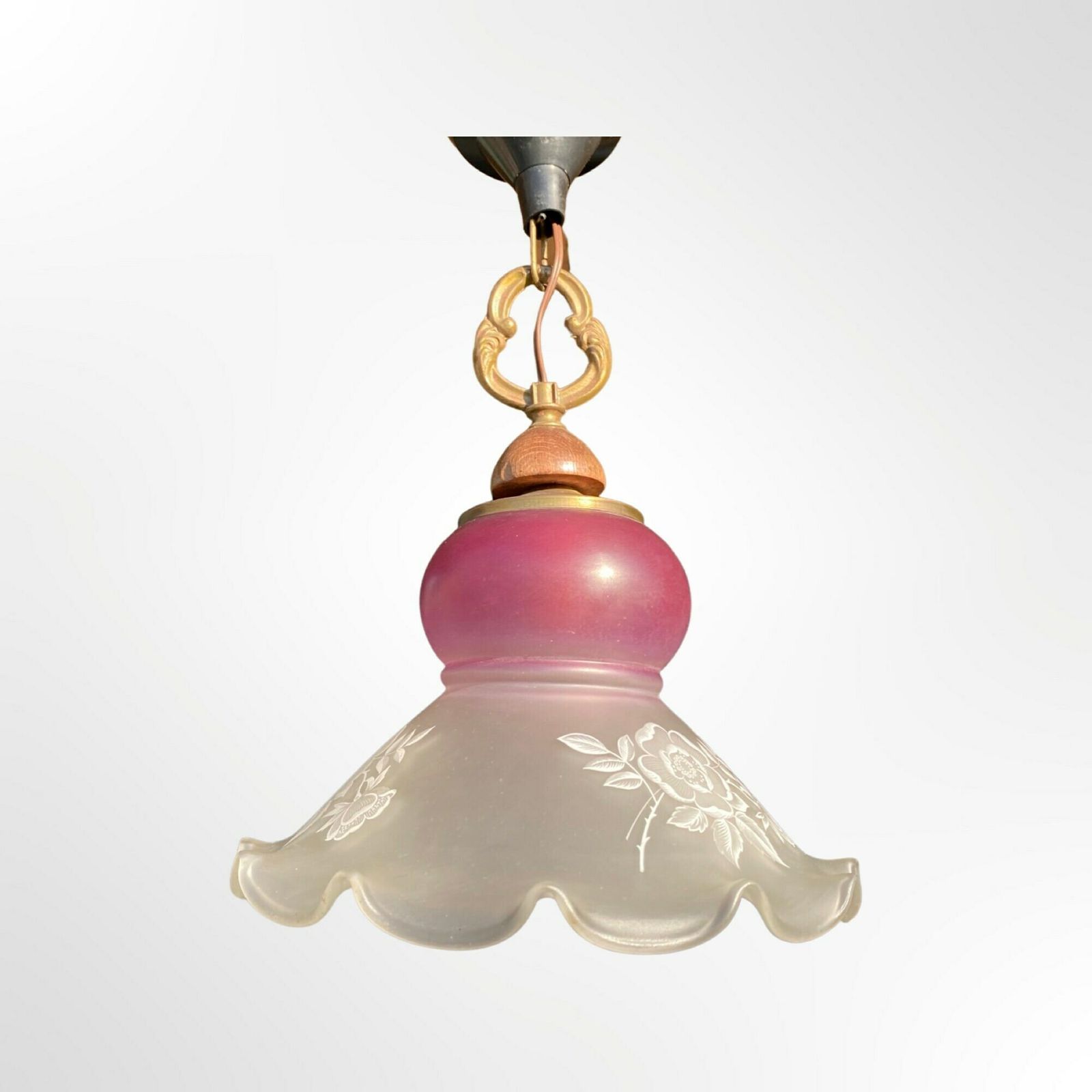 Art Deco Purple Flower Glass Lamp | 1950s Vintage Pendant Lamp Made Of Teak Wood, Brass Hanger And Handmade Glass Shade