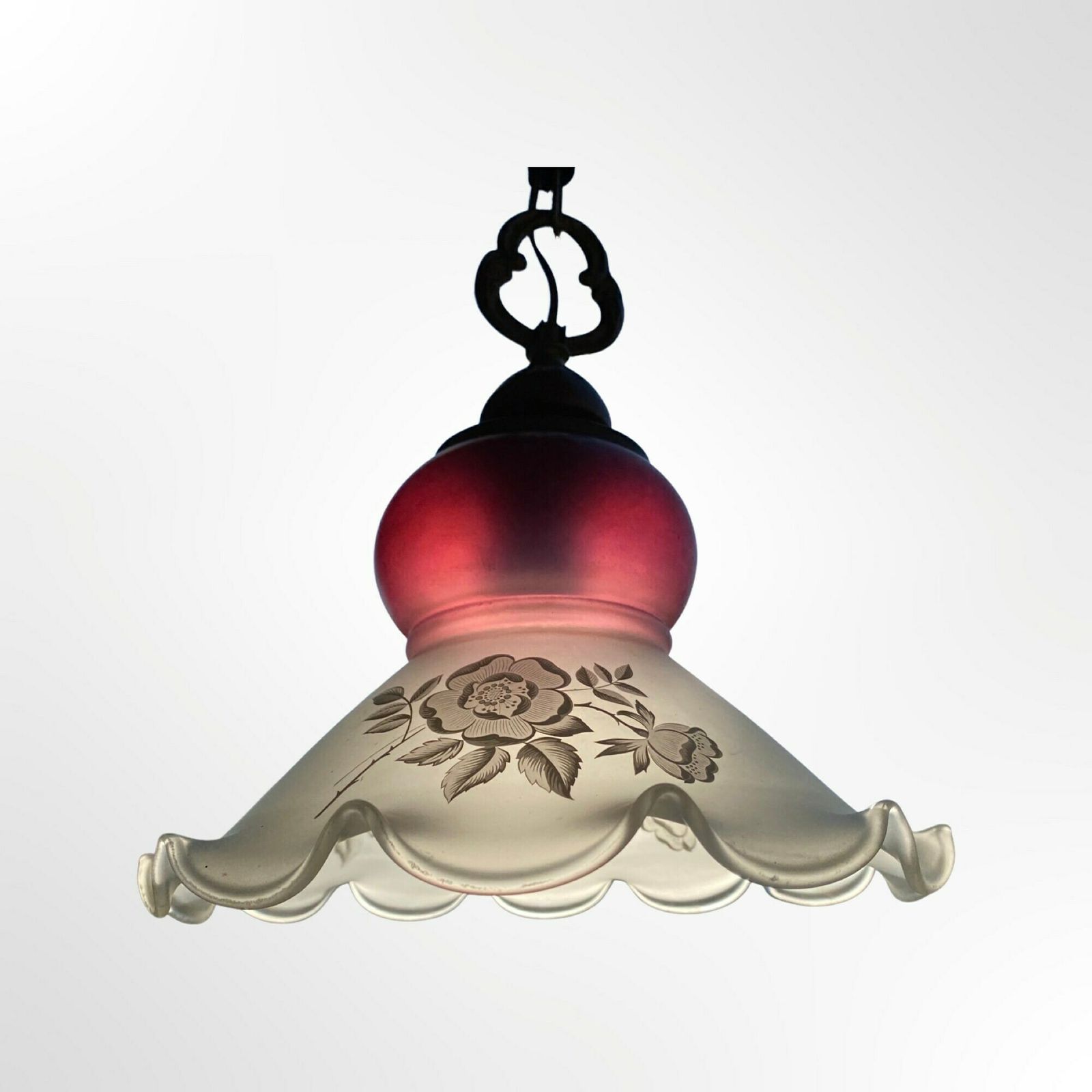 Art Deco Purple Flower Glass Lamp | 1950s Vintage Pendant Lamp Made Of Teak Wood, Brass Hanger And Handmade Glass Shade photo Lighting