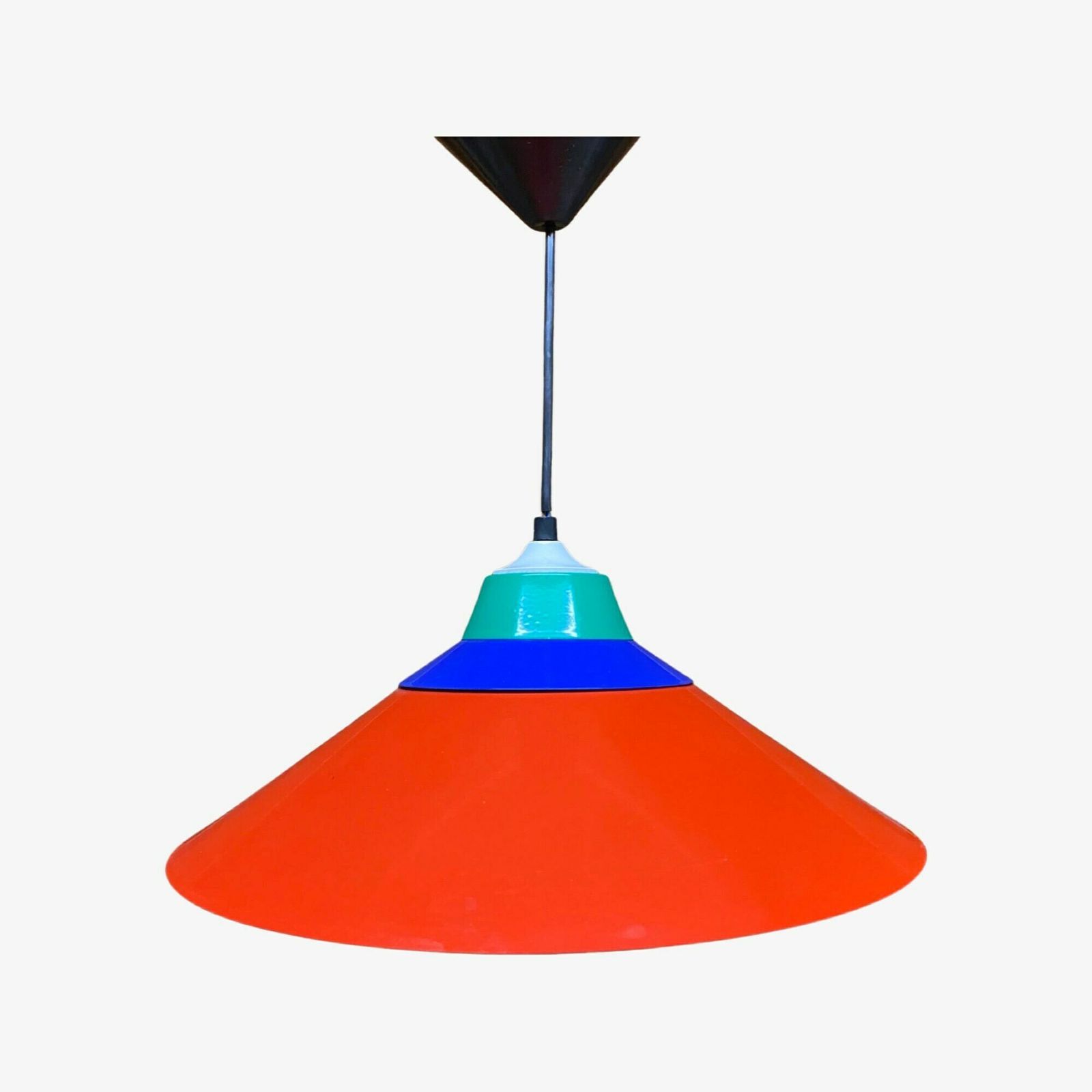 W.L.P. Germany Pendant Designer Light | Memphis Style Red/Blue/Green Metal Hanging Lamp | Mid Century Modern Lighting 1980s photo for sale