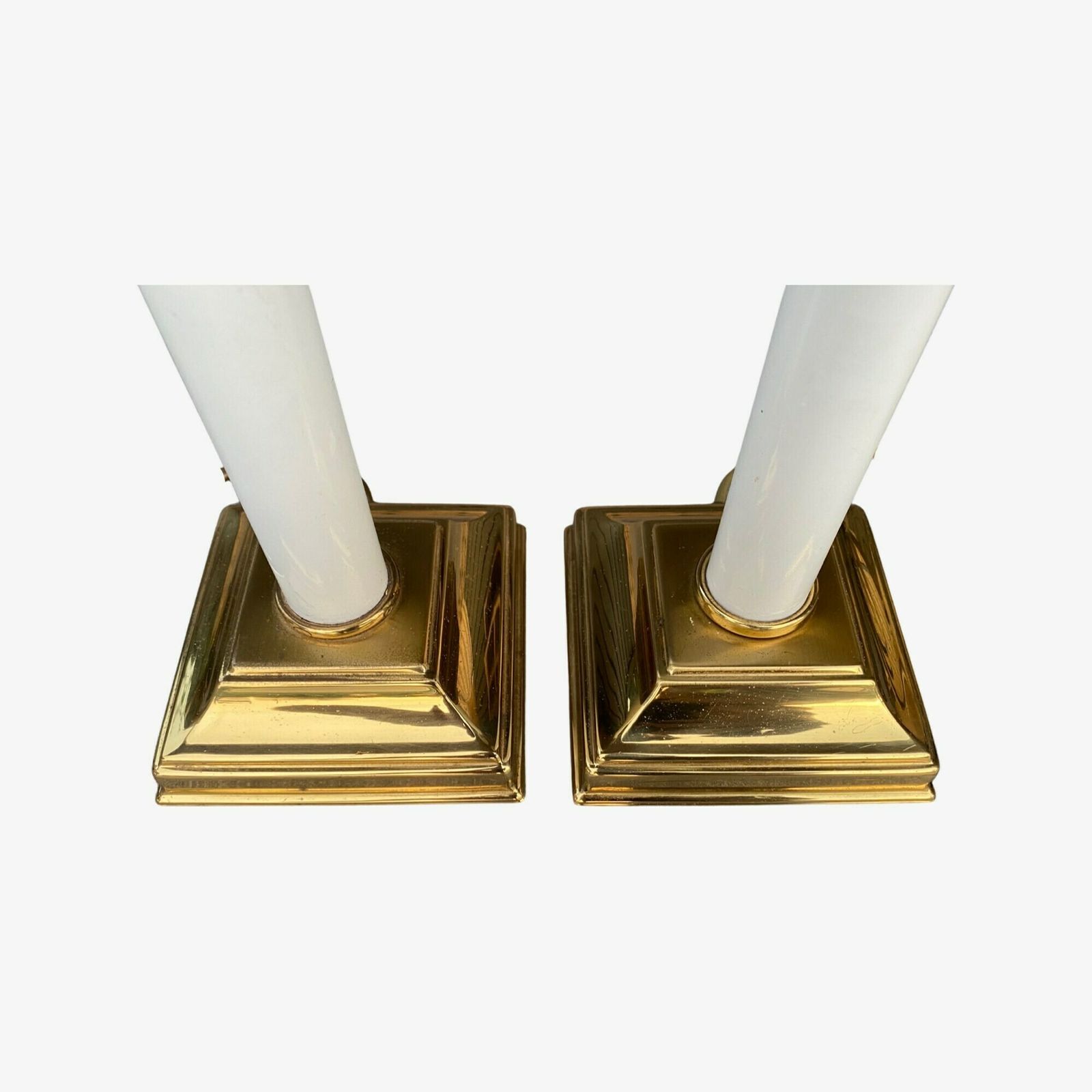 Set Vntg Brass Lamp Bases | Gold Colored Brass Metal & White Coated Metal | Add Your Own Shade | Set Mid Century Modern Night Lights photo for sale
