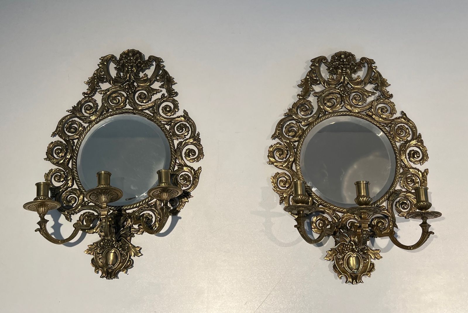 Important Pair Of Louis XIV Style Sconces In Bronze And Mirror photo furniture
