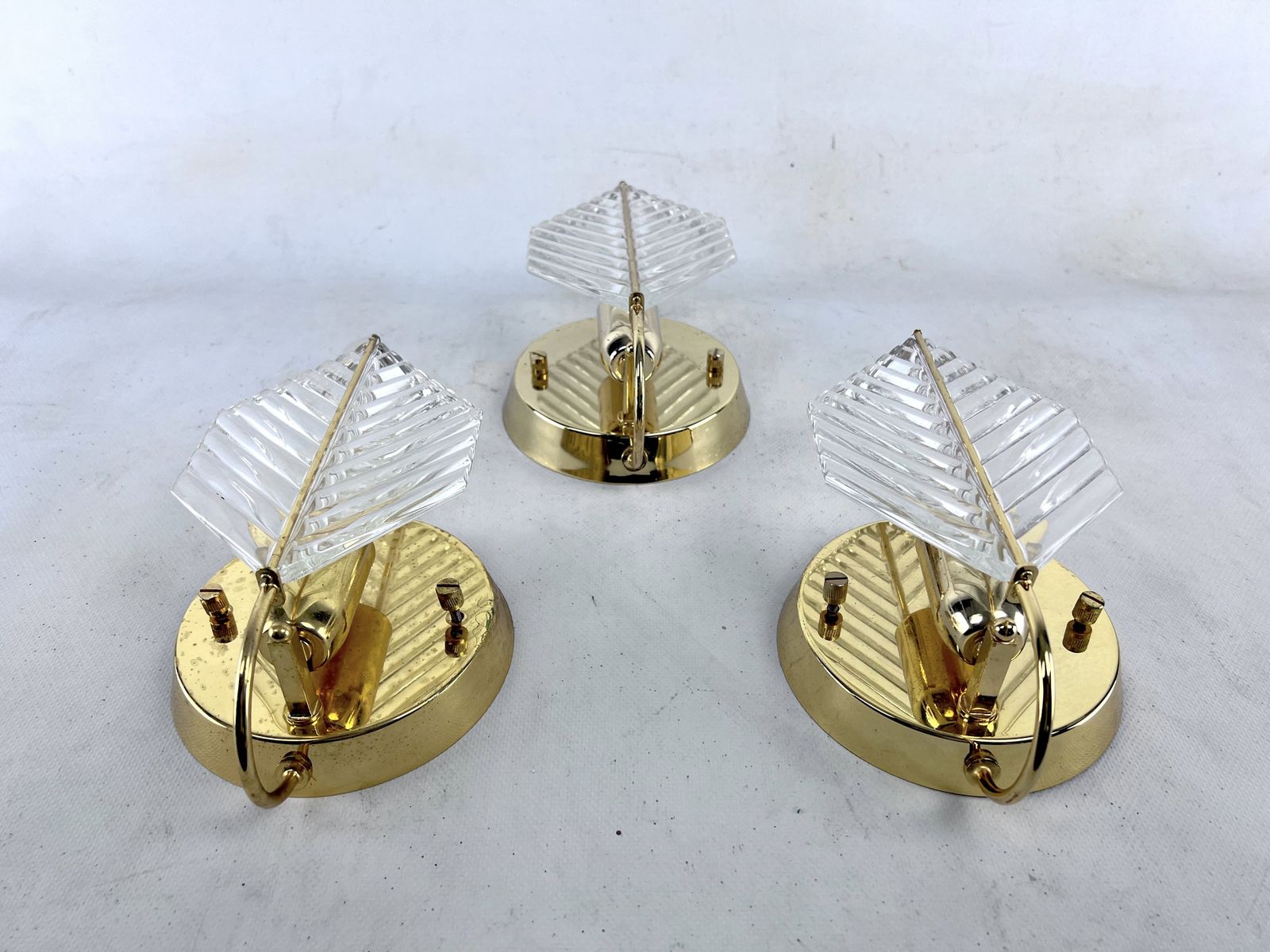 Vintage Set Of Three Sconces In Brass And Glass By Zero Quattro. Italy 1970s photo buy