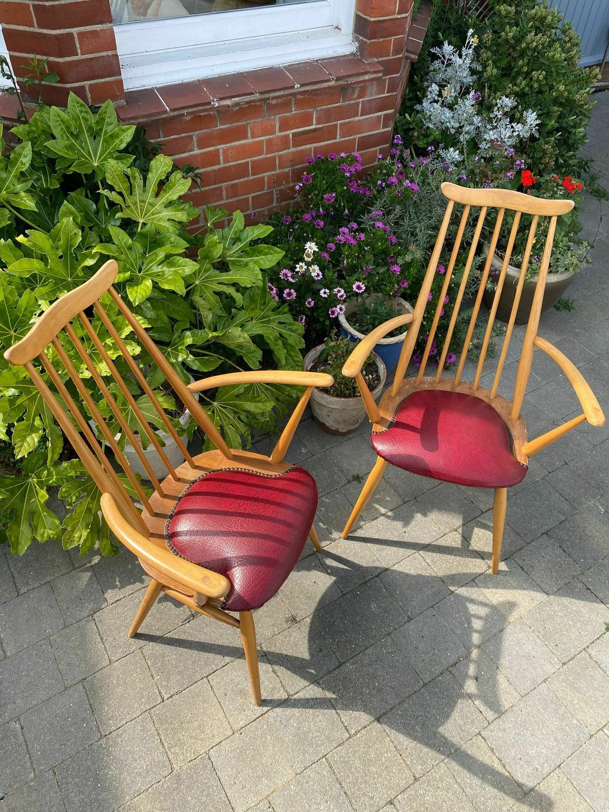 Vintage Moustache Chairs By L. Ercolani For Ercol, 1960, Pair Of Two Blue Label, Studded Cushion Based.