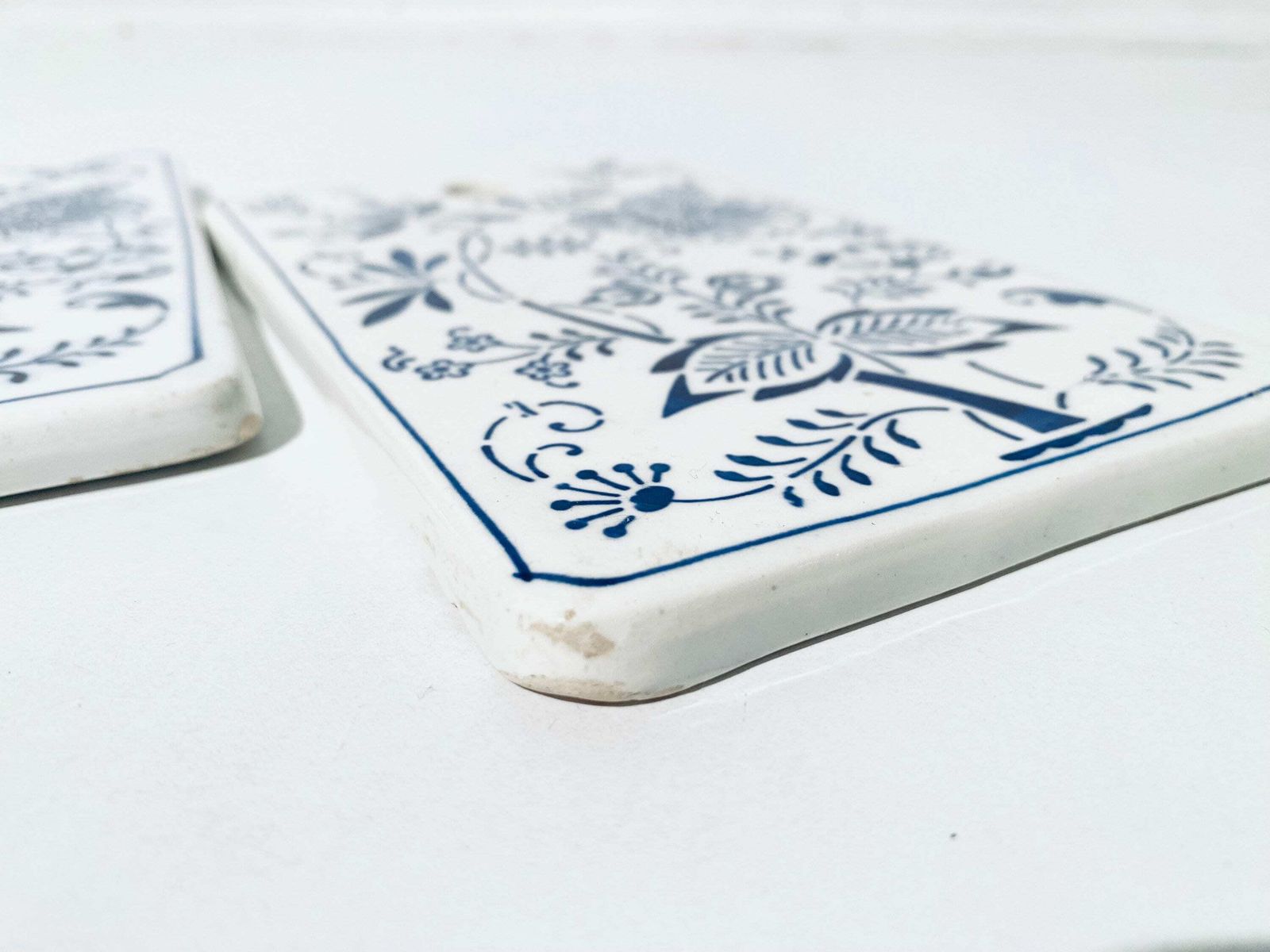 Three White & Blue Ceramic Tile Pot Set With Floral Motif / Vintage Decor photo buy