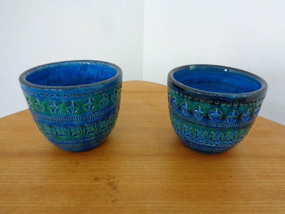 Italian Rimini Blue Ceramic Cachepots By Aldo Londi For Bitossi, 1960s, Set Of 2 photo vinterior