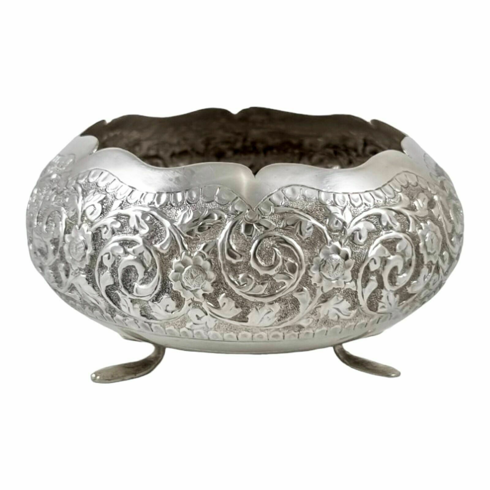 Indian Kutch Sterling Silver Tri Foot Round Sugar Bowl Embossed Flowers, Foliage