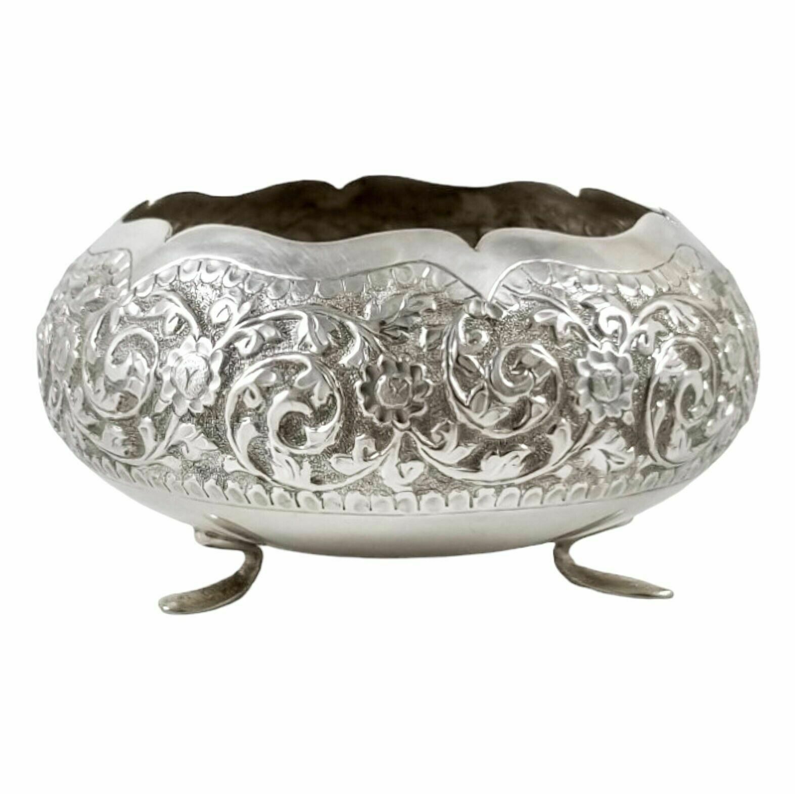 Indian Kutch Sterling Silver Tri Foot Round Sugar Bowl Embossed Flowers, Foliage photo for sale