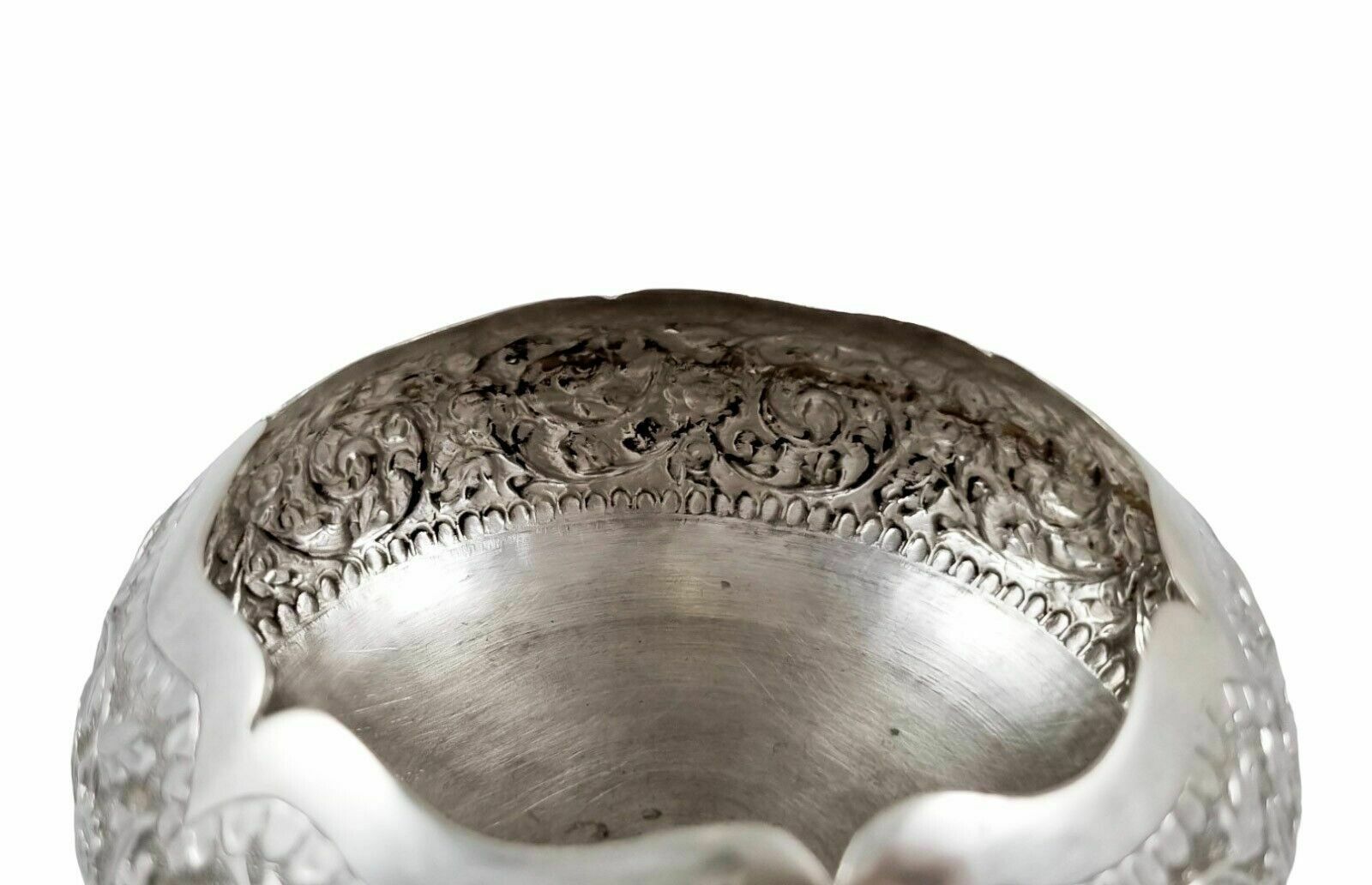 photo for sale Indian Kutch Sterling Silver Tri Foot Round Sugar Bowl Embossed Flowers, Foliage