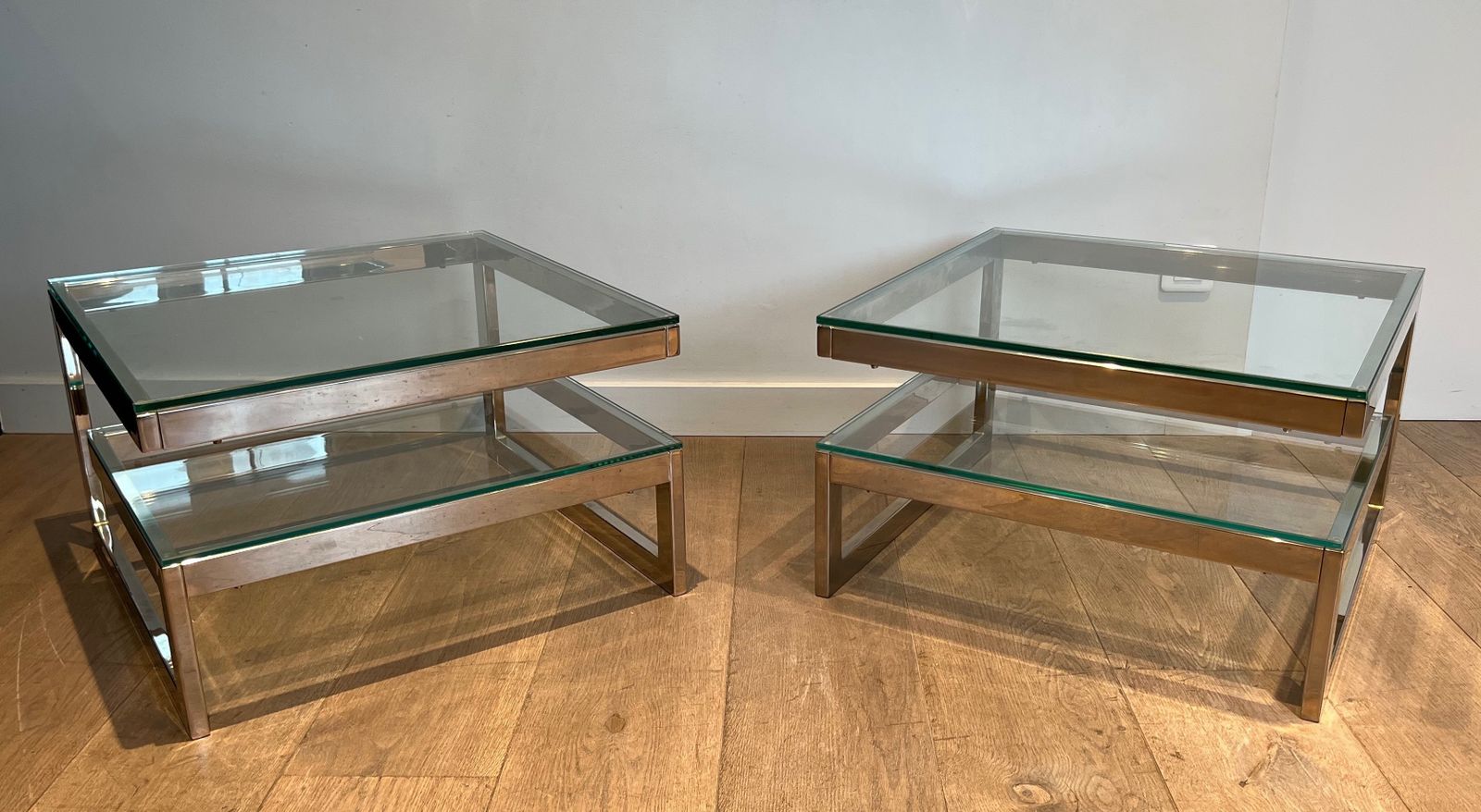 Pair Of Chrome Design Side Tables With Double Glass Slab photo for sale
