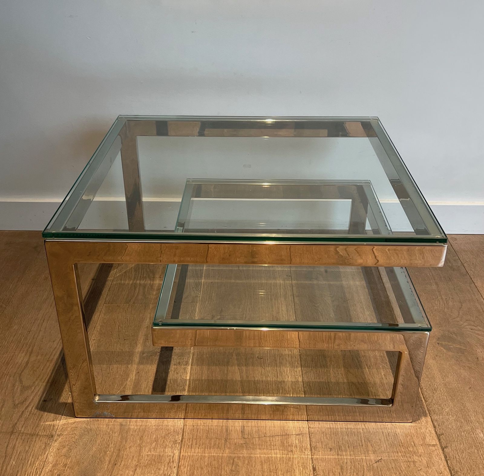 Pair Of Chrome Design Side Tables With Double Glass Slab photo vinterior