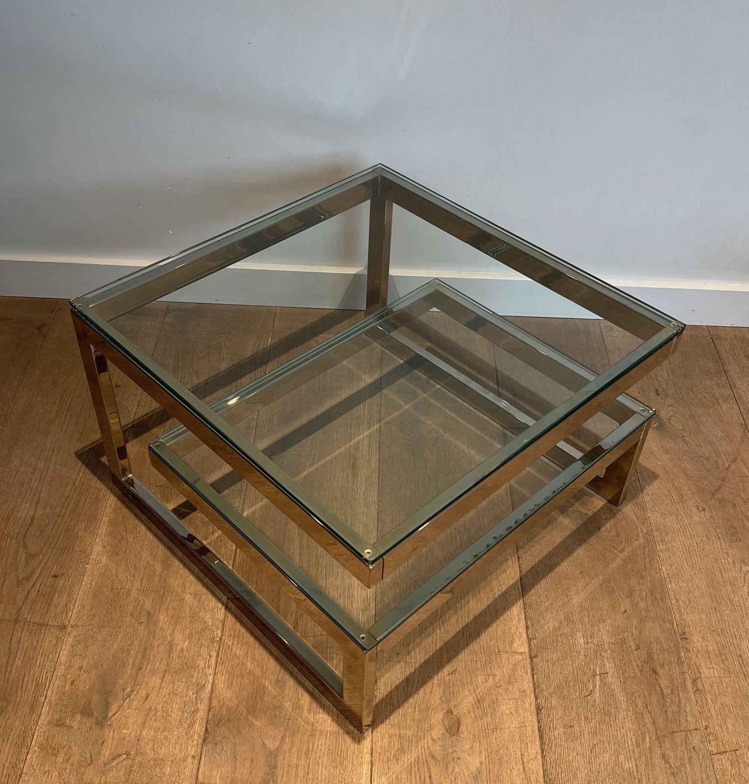 photo vintage Pair Of Chrome Design Side Tables With Double Glass Slab