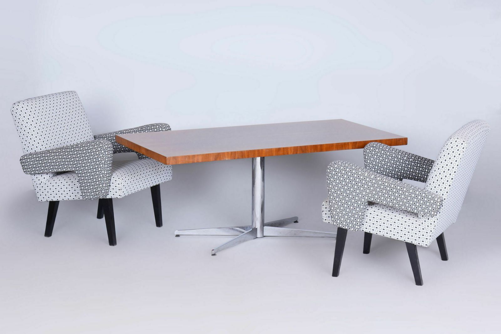 Restored Mid Century Walnut Coffee Table, Chrome Plated Steel, Revived Polish, Czechia, 1960s photo for sale
