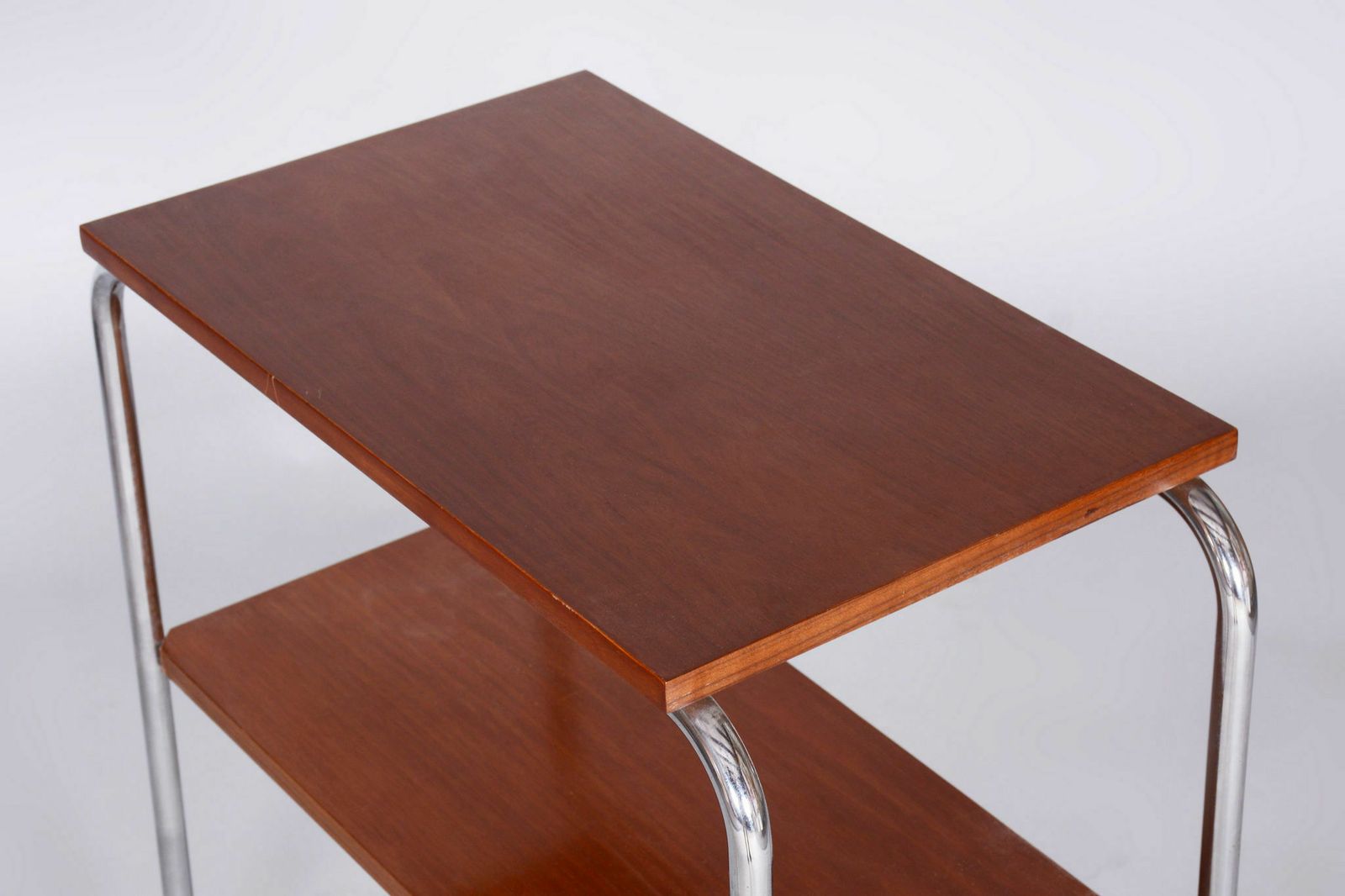 Restored Bauhaus Side Table, Hynek Gottwald, Walnut, Chrome, Czechia, 1930s photo for sale
