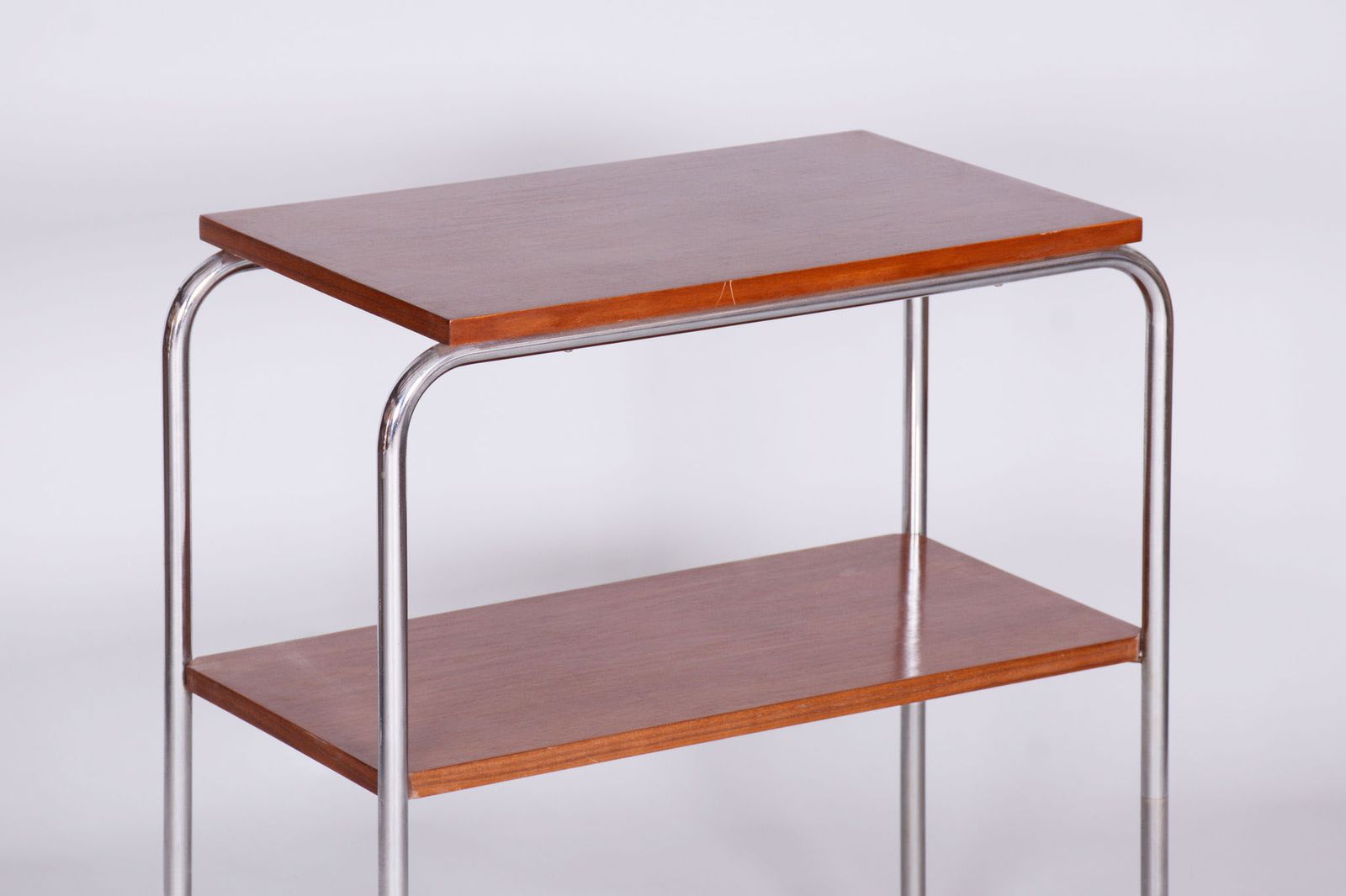 Restored Bauhaus Side Table, Hynek Gottwald, Walnut, Chrome, Czechia, 1930s photo vintage