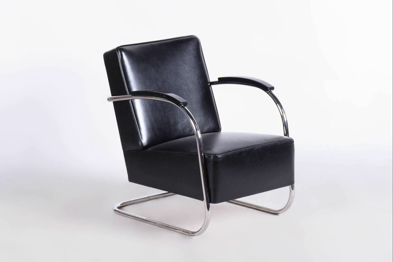 photo for sale Restored Bauhaus Pair Of Black Armchairs, Mücke   Melder, High Quality Leather, Czechia, 1930s