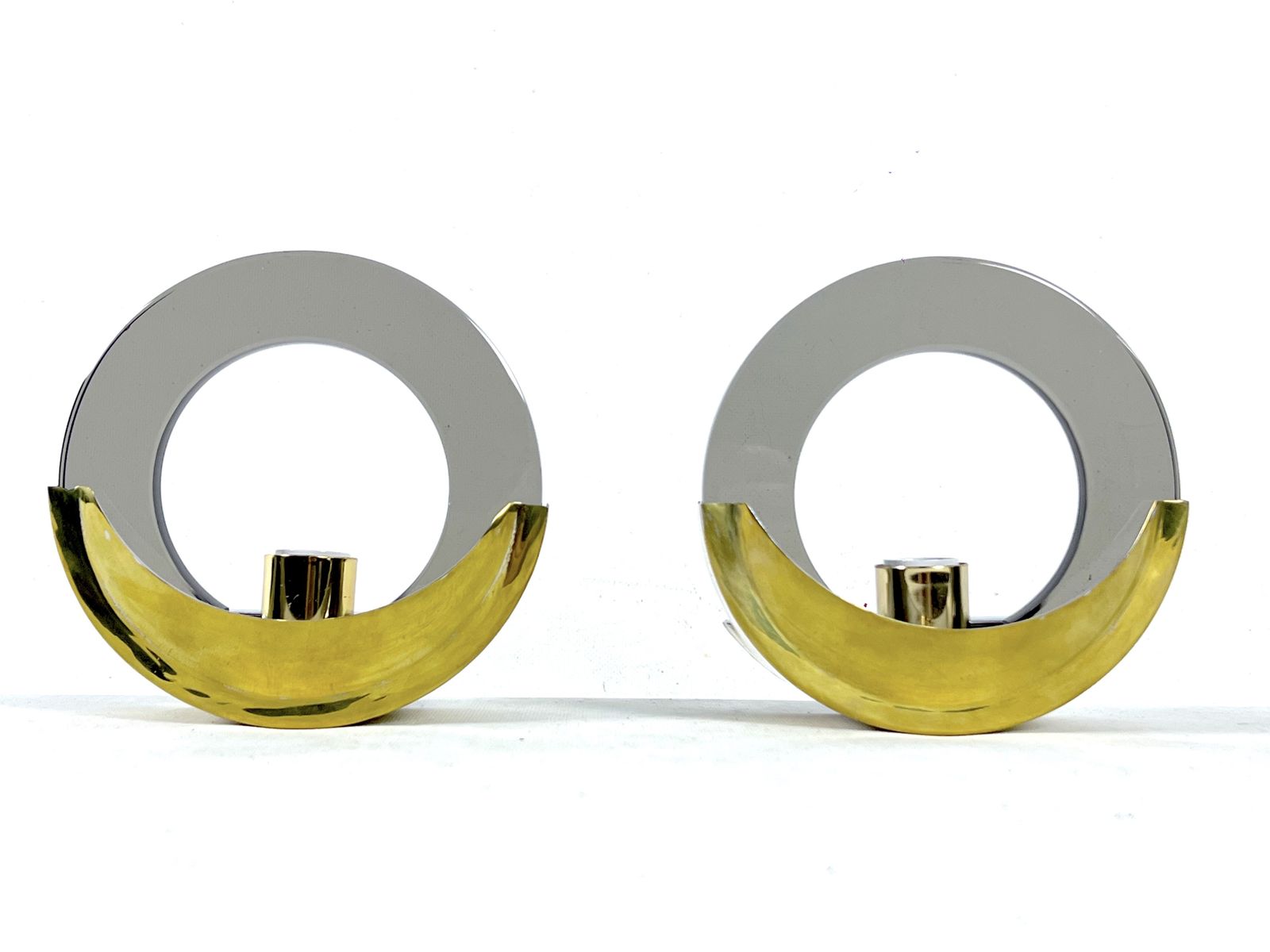 Mid Century Modern Pair Of Brass And Thick Smoked Glass Sconces. Italy 1970s
