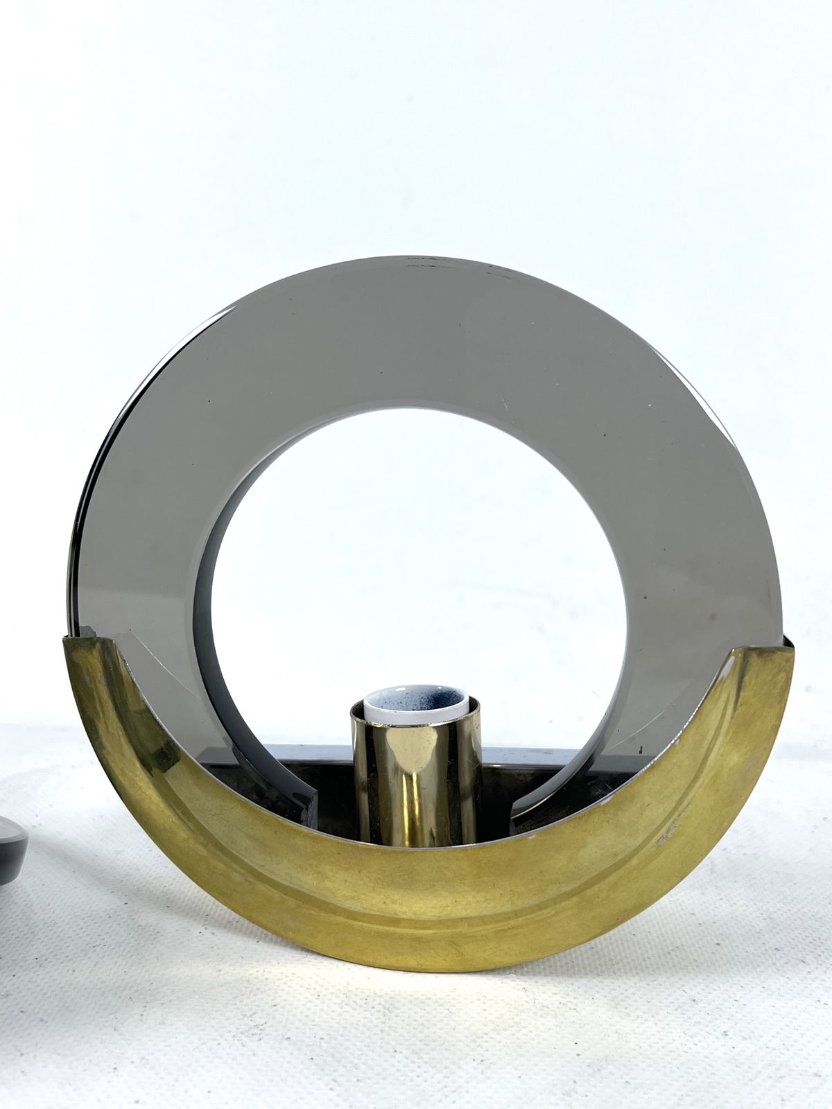 photo for sale Mid Century Modern Pair Of Brass And Thick Smoked Glass Sconces. Italy 1970s