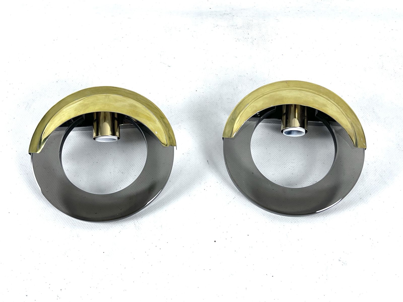 Lighting Mid Century Modern Pair Of Brass And Thick Smoked Glass Sconces. Italy 1970s photo