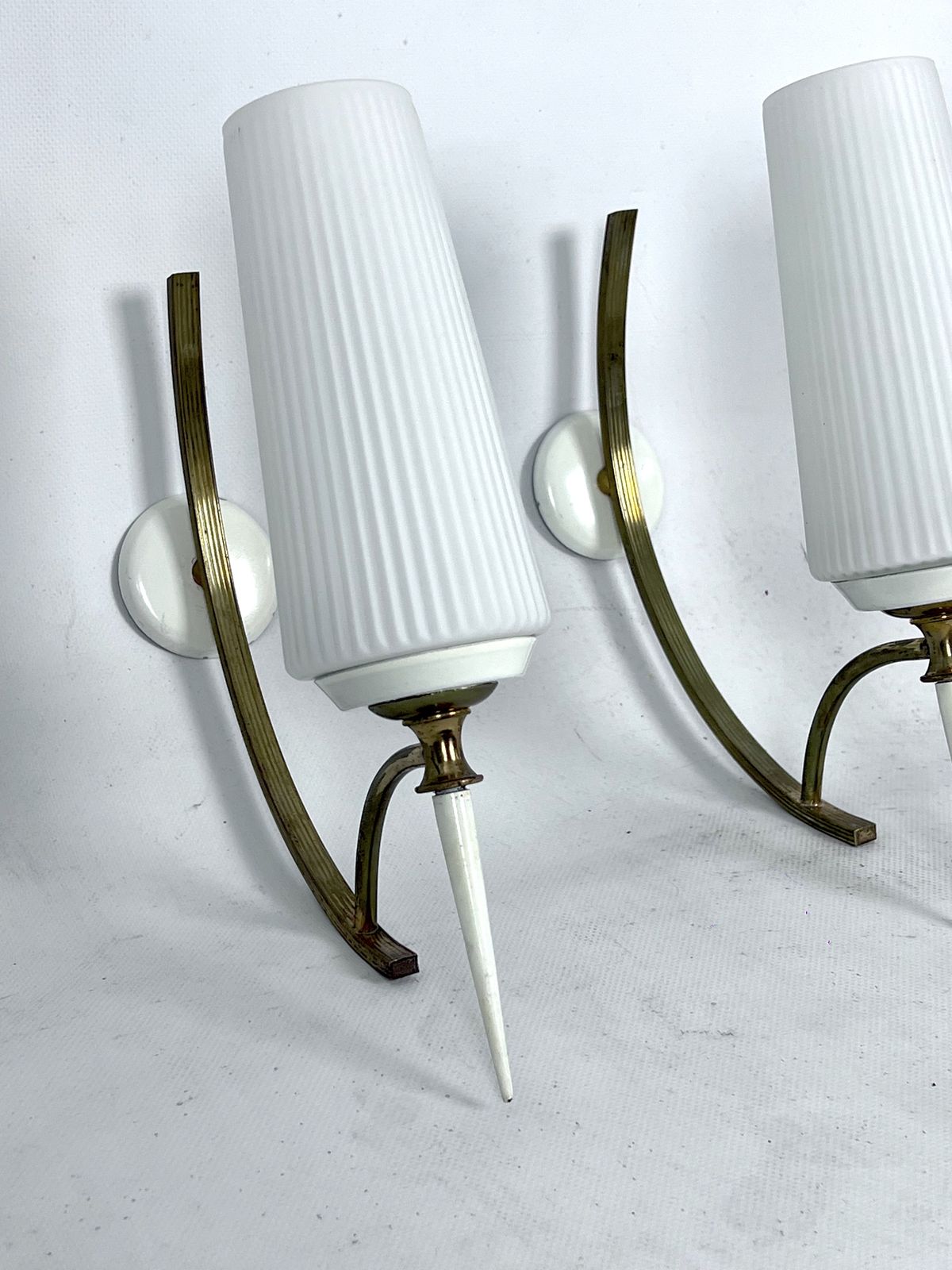 Mid Century Italian Pair Of Sconces In Brass And Opaline Glass photo furniture