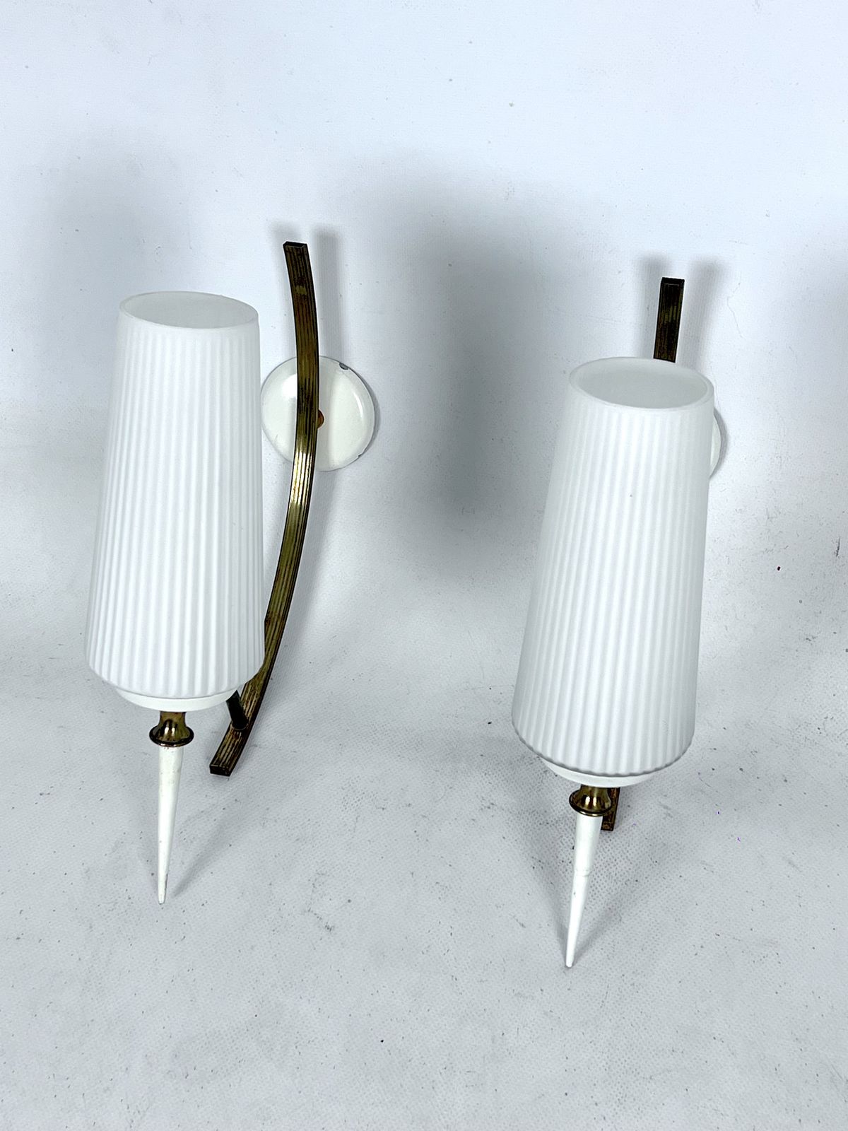 Mid Century Italian Pair Of Sconces In Brass And Opaline Glass photo Lighting