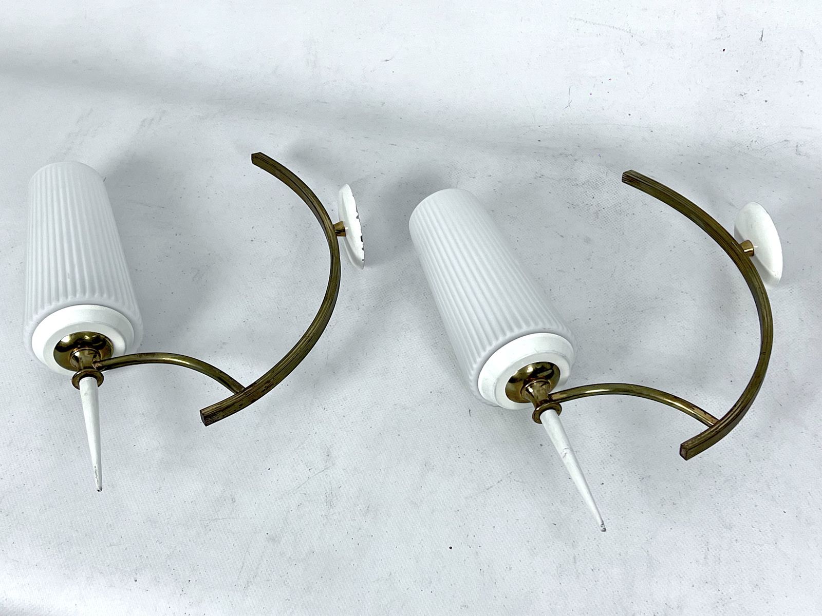 photo for sale Mid Century Italian Pair Of Sconces In Brass And Opaline Glass