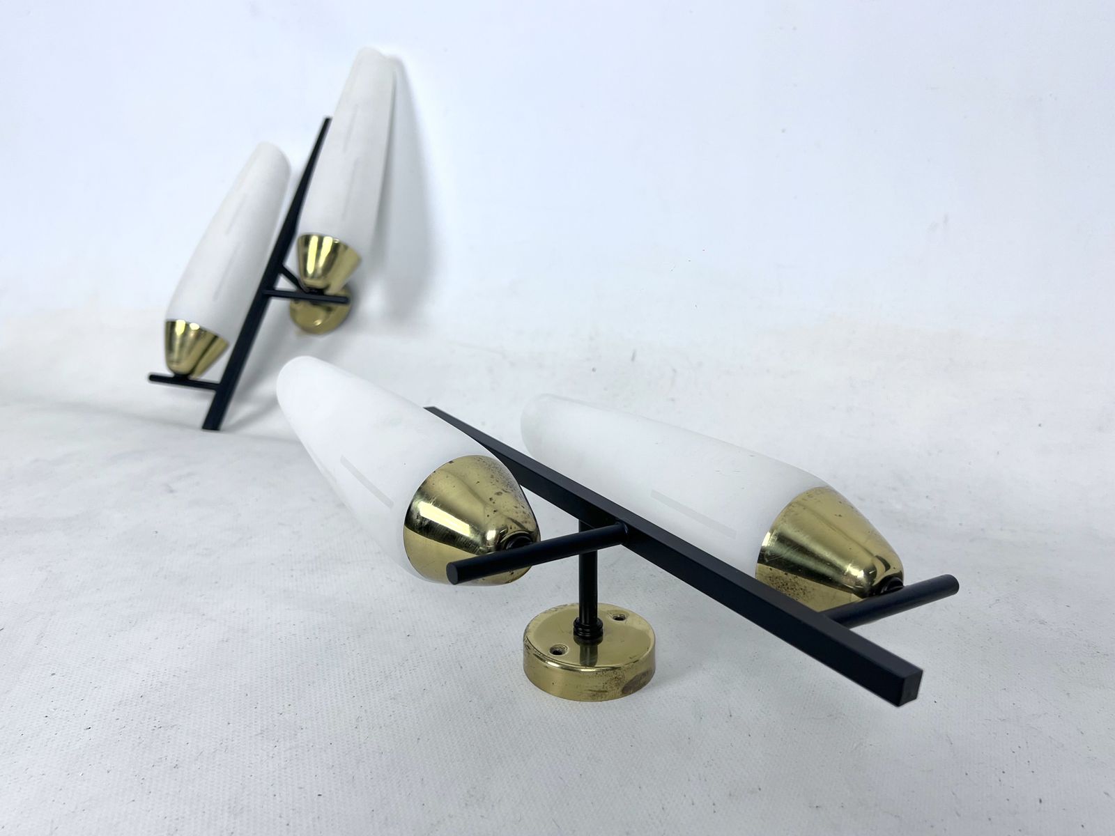 Mid Century Pair Of Double Lights Sconces In Brass And Opaline Glass. Italy 1950s photo furniture