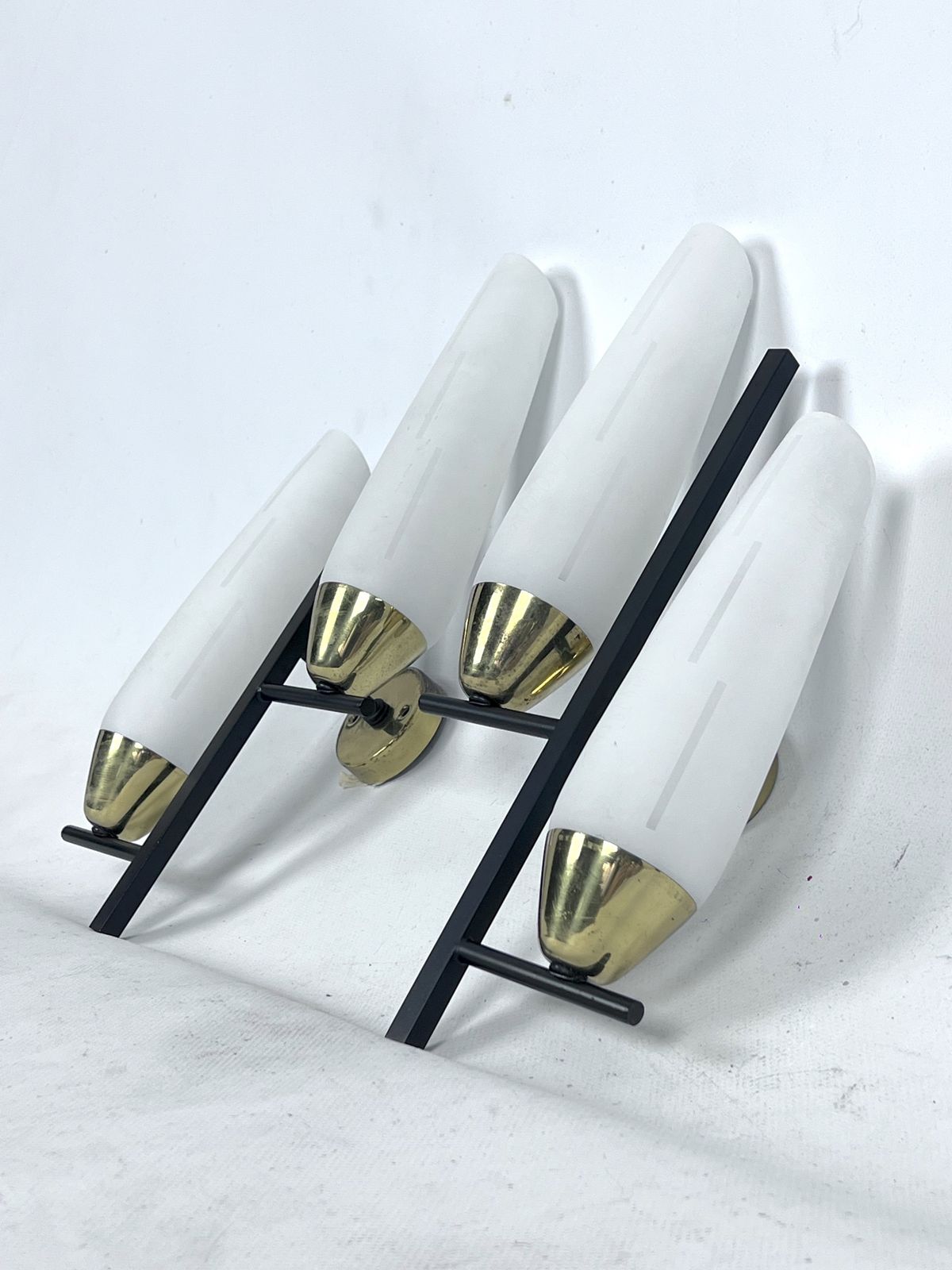 Mid Century Pair Of Double Lights Sconces In Brass And Opaline Glass. Italy 1950s photo vintage