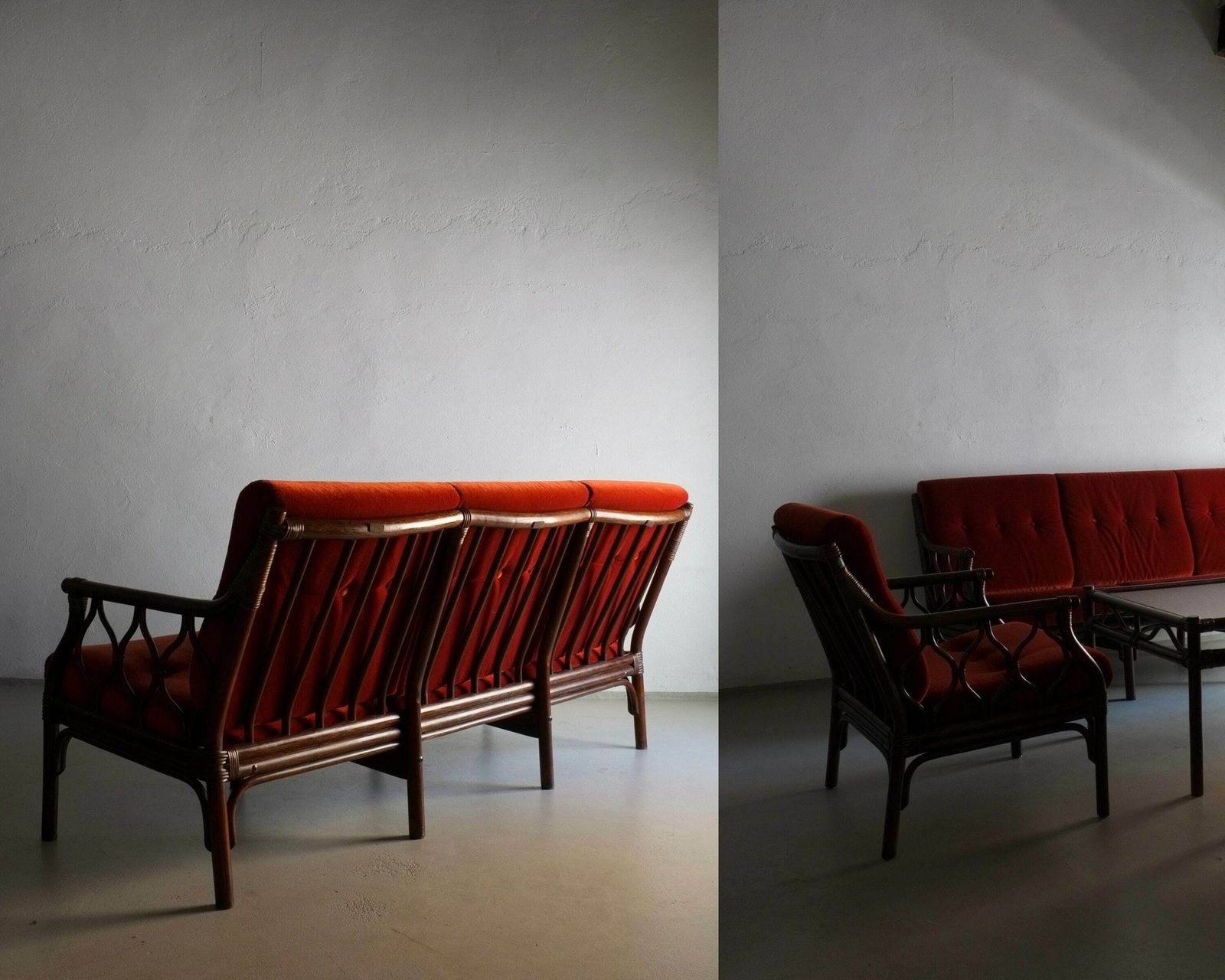Dark Rattan Sofa | 3 Seater Bamboo Daybed | Red Velour | Vintage