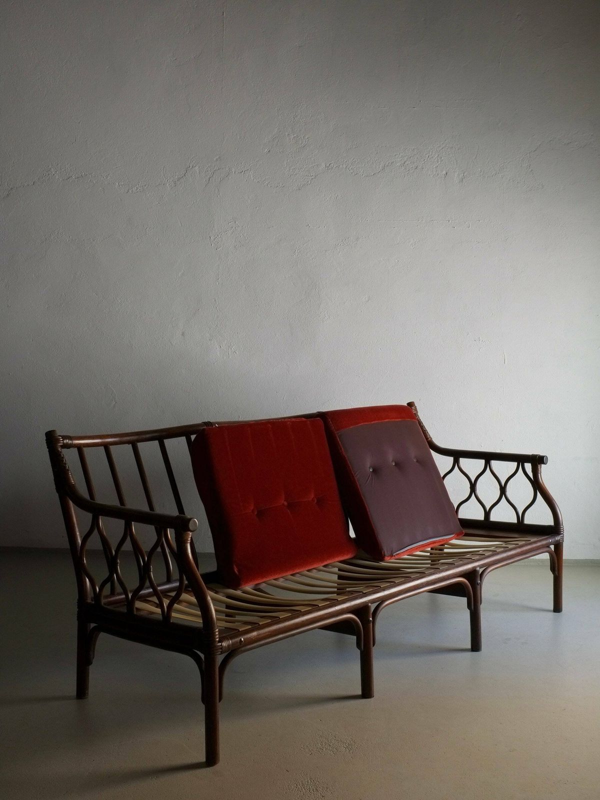 Dark Rattan Sofa | 3 Seater Bamboo Daybed | Red Velour | Vintage photo 1600.0