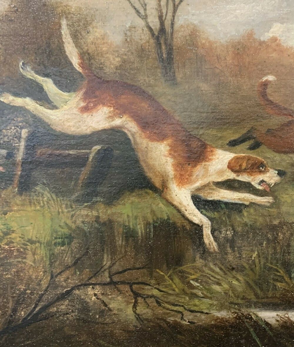 Hunting Scene Oil On Canvas “The Pursuit” Hounds And Fox, Early 19th Century photo for sale