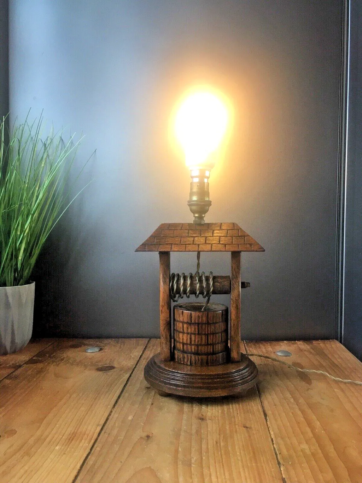 Unusual Vintage 60's Turned Wood Oak Water Well Mill Desk Table Lamp Base photo furniture