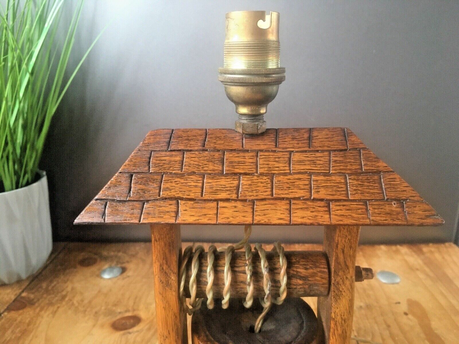 Unusual Vintage 60's Turned Wood Oak Water Well Mill Desk Table Lamp Base photo 120.0