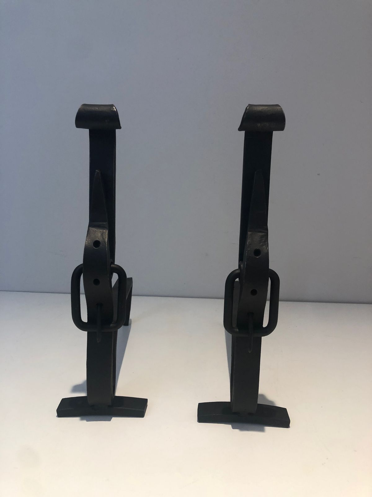 880.0 Pair Of Wrought Iron Belt Andirons photo