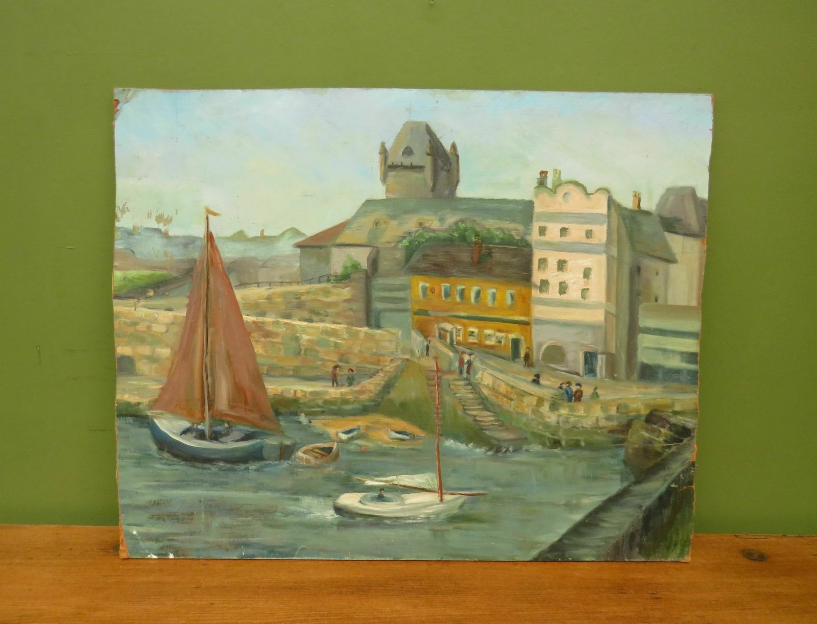 Vintage Naive Acrylic On Board Of Boats And Harbour photo for sale