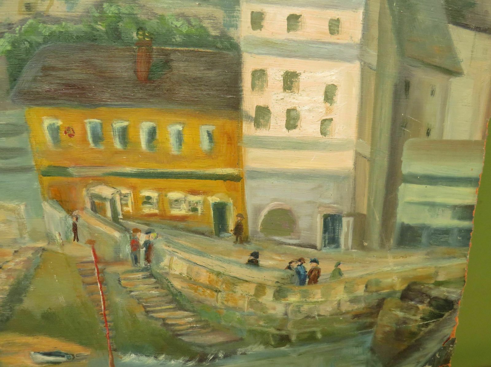 Art Vintage Naive Acrylic On Board Of Boats And Harbour photo