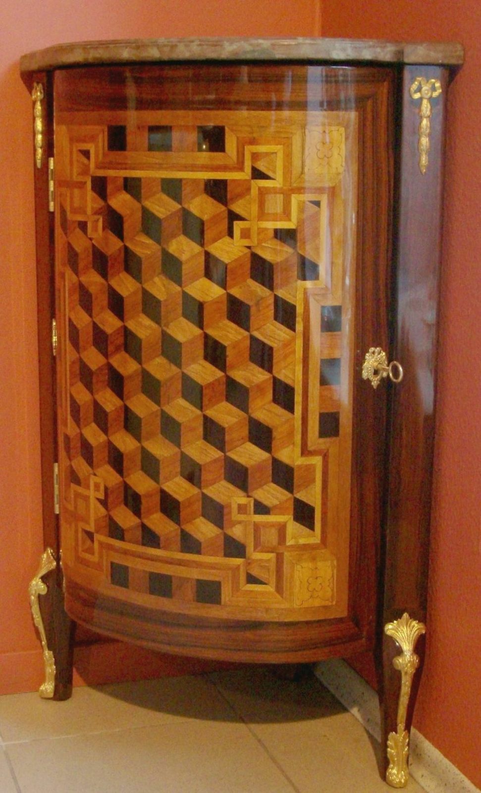 Corner Cabinet With Intarsia, Europe, Late 18th Century, Oak With Walnut Veneer, Marble, Gilt Bronze, 82.5x39x39 Cm photo vintage