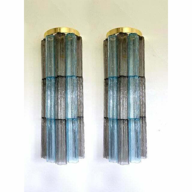 Set Of 2 Contemporary Grey And Light Blue "Tronchi" Murano Glass Wall Sconce photo buy