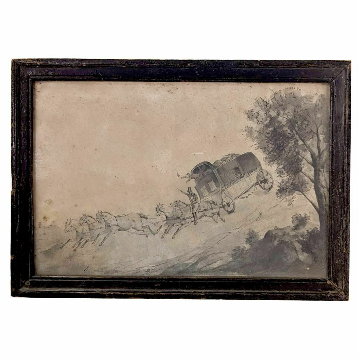 The Hitch At Full Gallop Wash Drawing, 19th Century