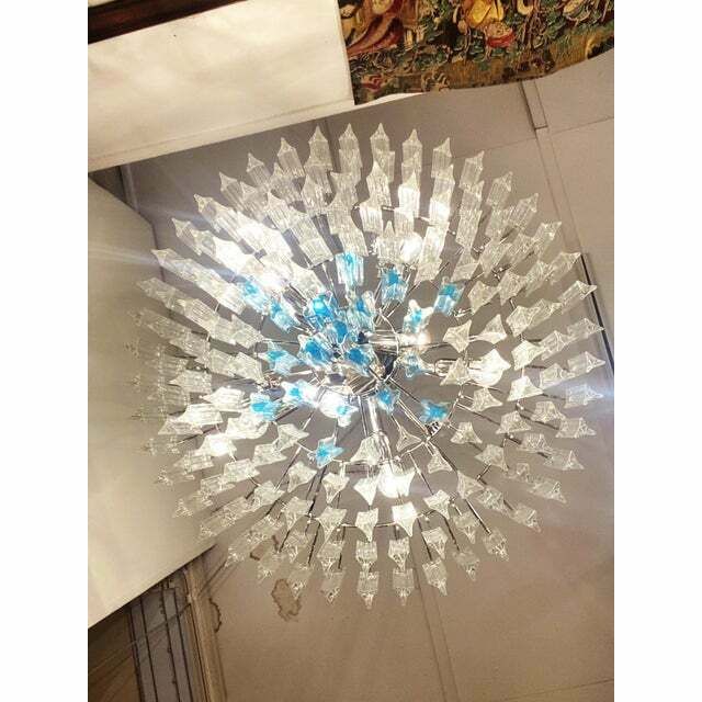 Contemporary Transparent And Ligh Blue Triedro Murano Glass Chandelier photo Lighting