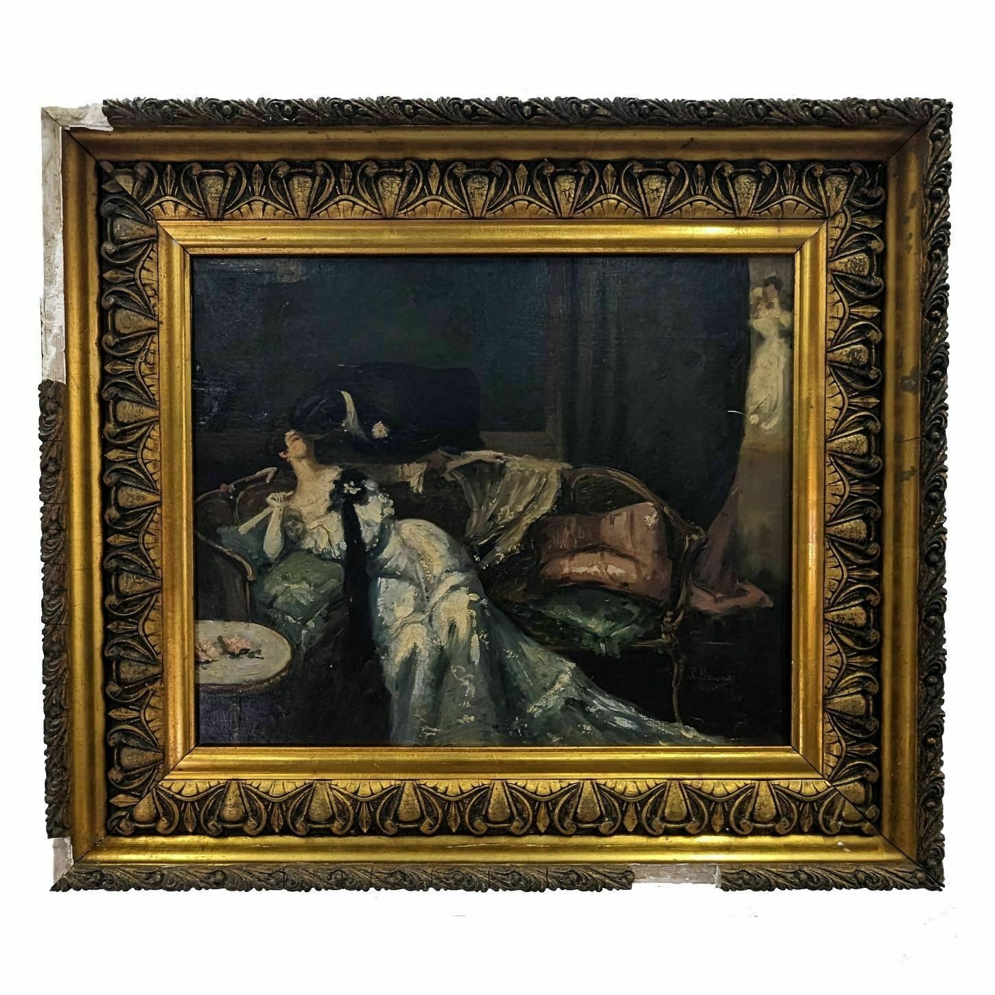 Gallant Scene Painting "The Kiss" From The 1900s