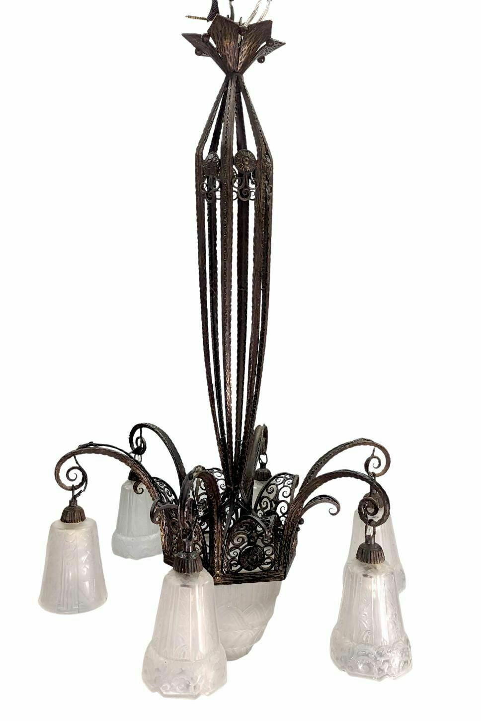 1930s Art Deco Wrought Iron Chandelier With Molded Tulips photo for sale