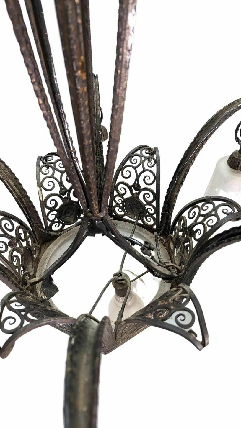 1930s Art Deco Wrought Iron Chandelier With Molded Tulips photo 1627.0