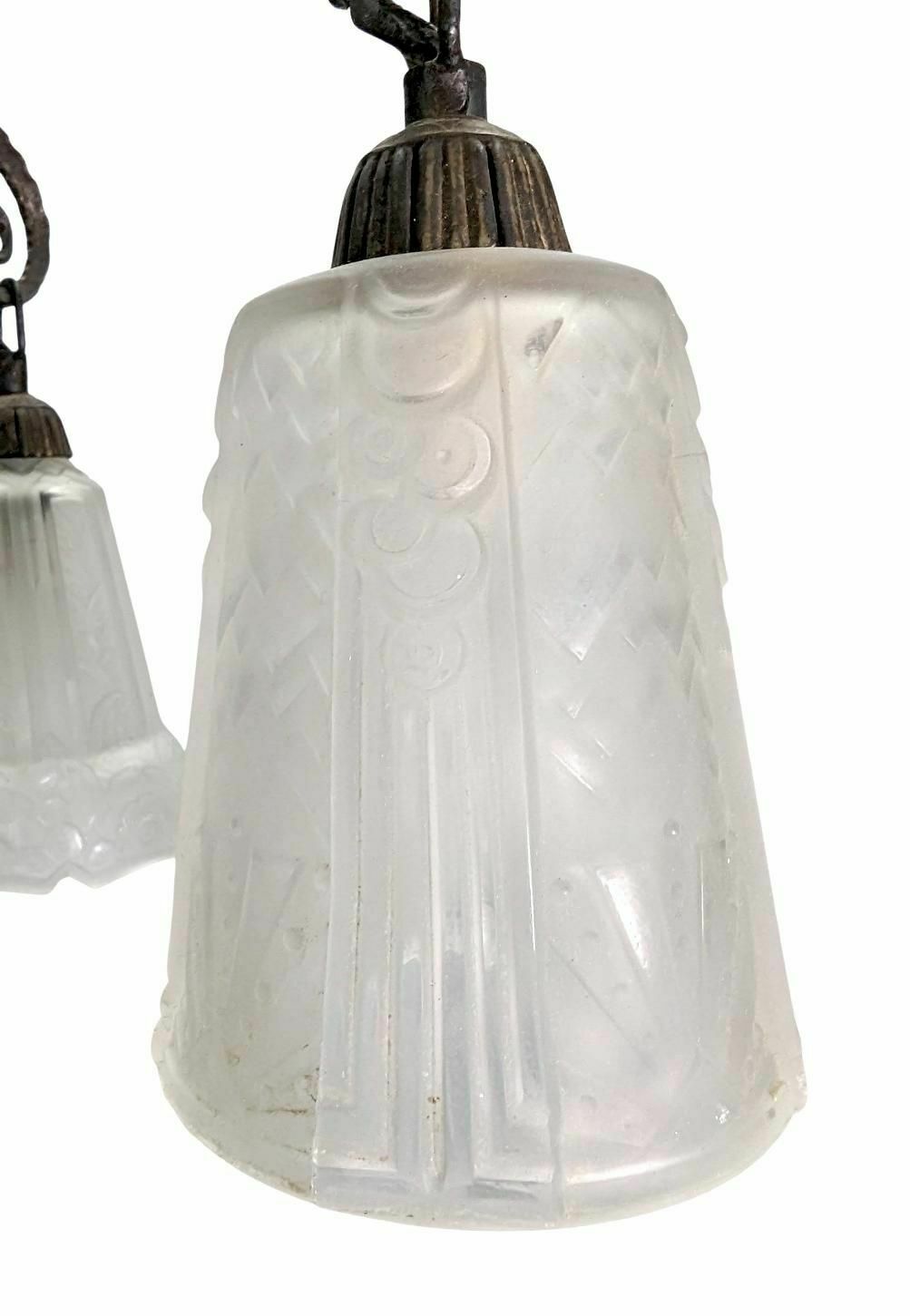 1930s Art Deco Wrought Iron Chandelier With Molded Tulips photo vinterior