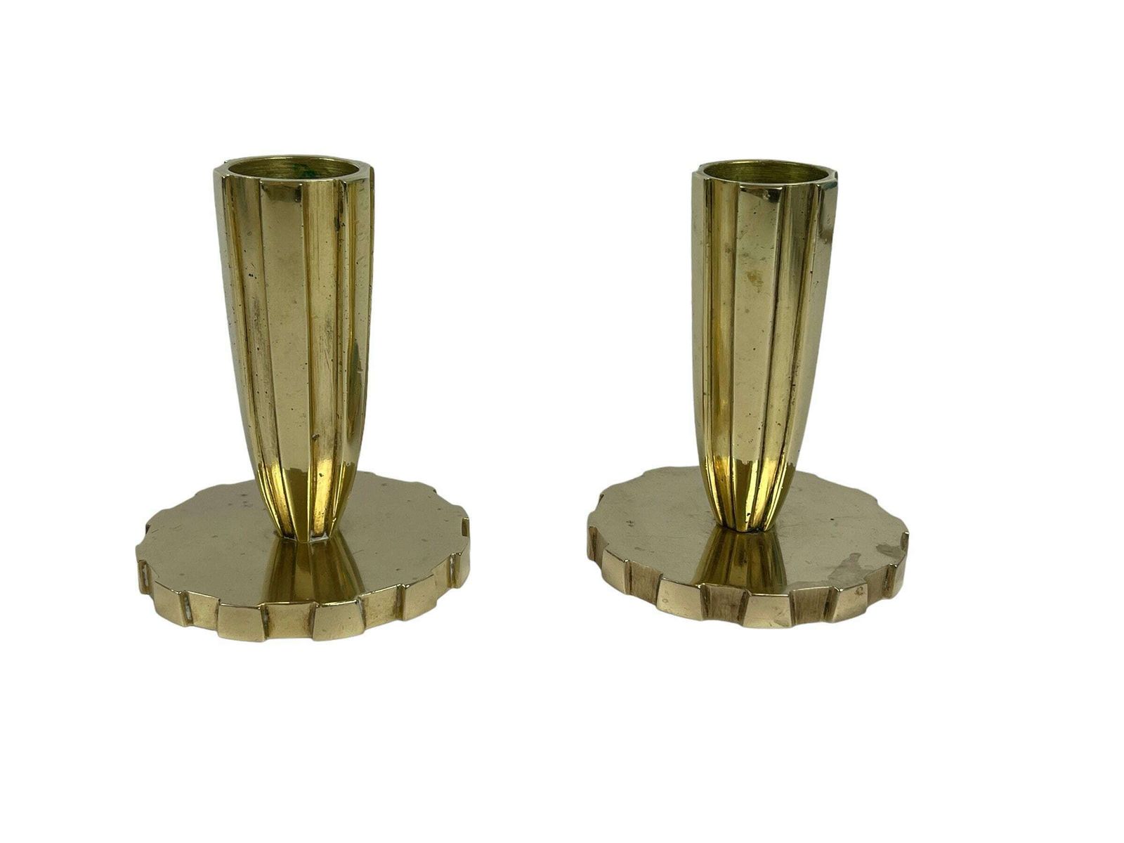 Pair Of Art Deco Brass Candleholders From Vendor, Copenhagen. Signed E.L. Circa 1940s.