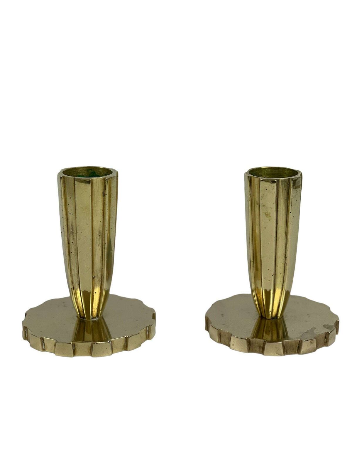 photo for sale Pair Of Art Deco Brass Candleholders From Vendor, Copenhagen. Signed E.L. Circa 1940s.